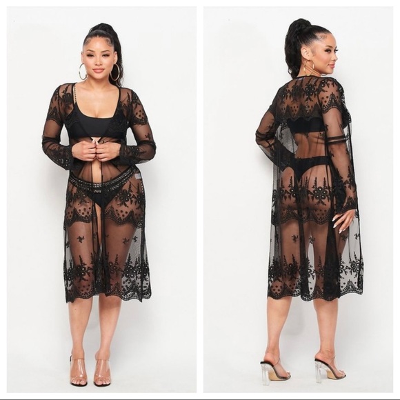 Black Mesh Embroidery Cardigan Beach Cover Up - Picture 3 of 4